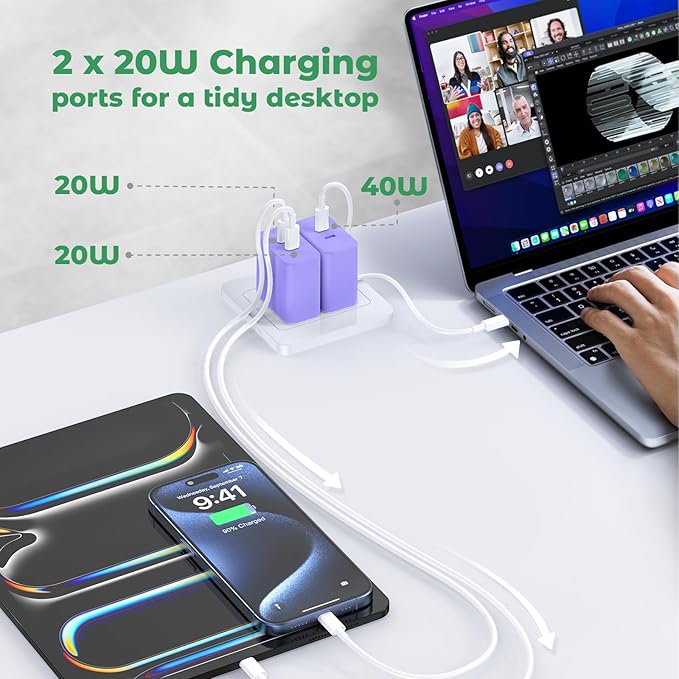 USB C Charger Block, 40W Dual Port Fast Charger 20W Type C Charging Block 3.1A USB Wall Charger Dual Port PD+QC Charging Cube for iPhone 15 16 14 13 12 11 Pro Max XS, iPad, Samsung Phone-Purple