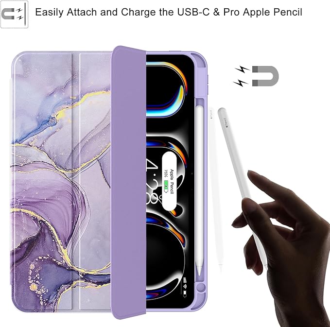 Soke Case for New iPad Pro 11 Inch (M5/M4) 5th Generation 2024-2025 with Pencil Holder - [Shockproof + Apple Pencil Charging + Auto Wake/Sleep], Soft TPU Back Cover for iPad Pro 11", Lilac Marble