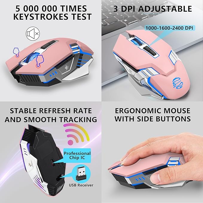 Bluetooth Wireless Gaming Mouse, RGB Rechargeable USB Wireless Mouse, Quiet Click, LED Backlit, Ergonomic, with Side Button, DPI Adjustable Computer Mice for Laptop PC MacBook Chromebook - Pink