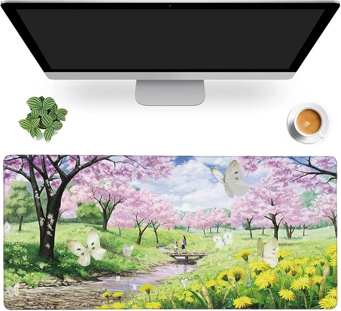 Spring Garden Extended Gaming Mouse Pad Large Desk Mat with Non-Slip Rubber Base and Stitched Edges,Keyboard Mouse Mat Desk Pad for Work,Game,Office,Home 35.4 * 15.7 Inch