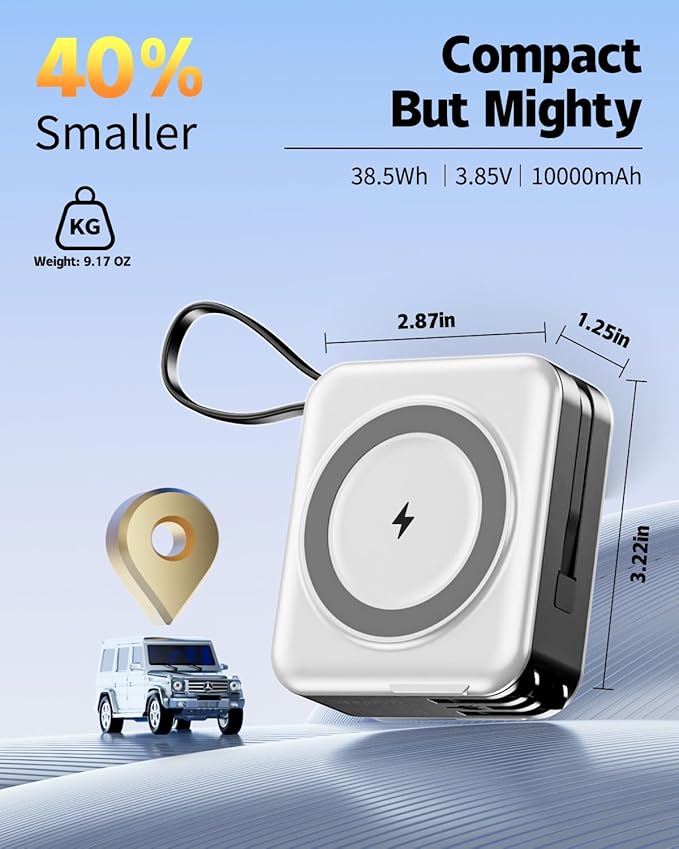 for Magsafe Portable Charger with Built-in Cables and AC Wall Plug, 10000mAh Magnetic Wireless Power Bank 22.5W Type-C in & Out Fast Charging Battery Pack for iPhone 17/16/15/14/13/12 Series, White