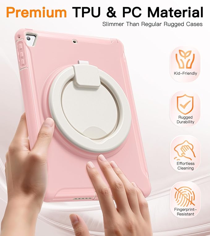 BATYUE Case for iPad 6th Generation 9.7 inch 2018, iPad 5th Gen 2017, iPad Air 2/ iPad Pro 9.7'',Shockproof Protective Cover with Pencil Holder &Rotating Kickstand,for Kids,Girls (Cheery Pink)