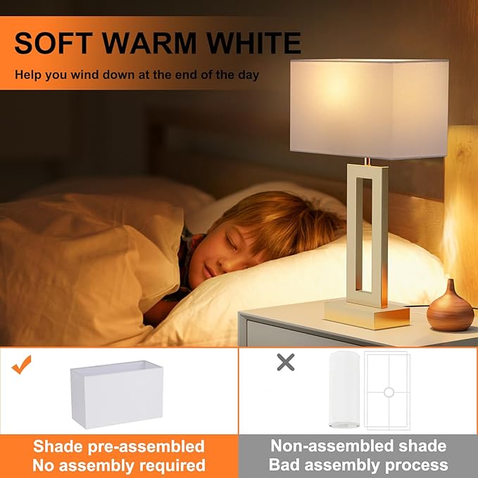 Seealle Nightstand Table Lamps for Bedrooms Set of 2 - Touch Bedside Lamp with USB C+A, 3 Way Dimmable Living Room Lamps for End Tables Set of 2(White&Gold)