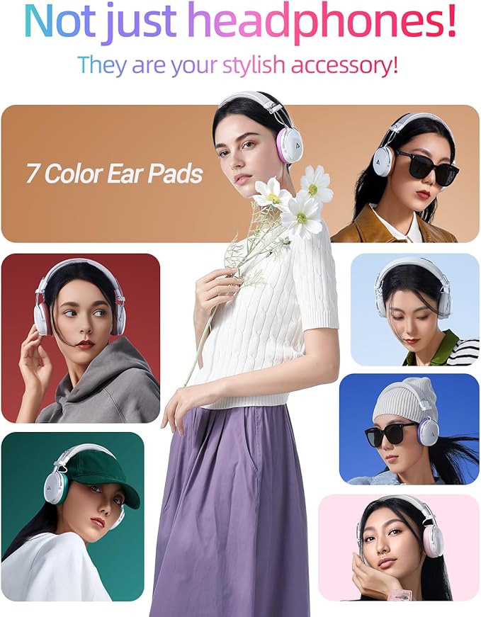 ACEFAST H7 Noise Cancelling Headphones, Wireless Over Ear Headphones, Headsets for Women with 7 Color Ear Pads, 60H Playtime, Bluetooth 5.4, Deep Bass, Ultra-Light for Travel, Home, and Office