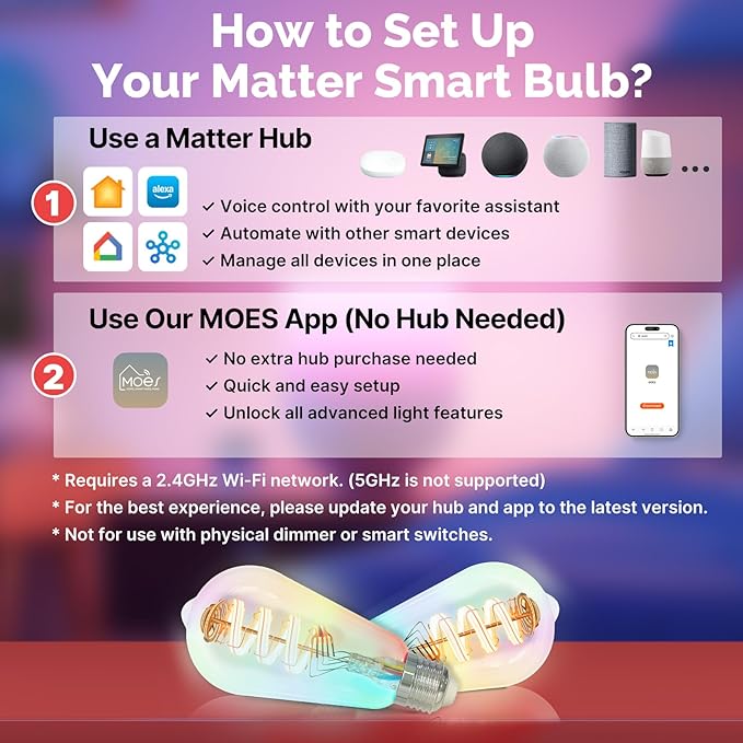 MOES Matter WiFi ST64 Edison Smart Bulbs, Color Changing Light Bulb, 16 Million RGB Colors & Tunable White, Works with Apple Home, Alexa, Google Home, E26 Dimmable 5W (40W Equivalent), 2-Pack