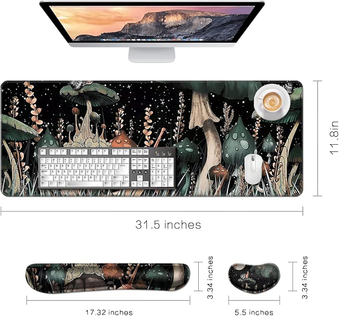 MIBITRI Keyboard Mouse Pad Set, Extended Gaming Mouse Pad+Ergonomics Keyboard Wrist Rest Support, Memory Foam, Easy Typing Pain Relief, 4Pcs XXL Ultra Thick Desk Mat, Snails and Mushroom