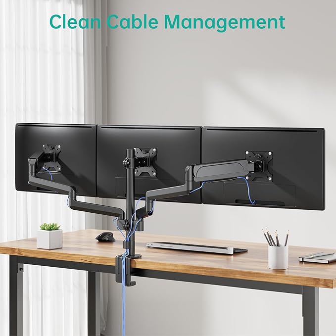 WALI Triple Monitor Mount for 13-32 inch Screens, Adjustable 3 Monitors Desk Mount with Swivel, Tilt, Clamp & Grommet Kit, Triple Monitor Stand for Desk, VESA 75x75/100x100mm (GSDM003), Black