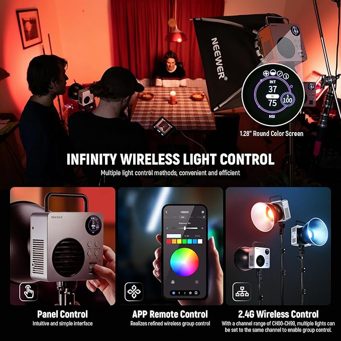 NEEWER 80W RGBWW LED Video Light with 72Wh Battery, 100W PD Fast Charger, APP/2.4G Control, 10400lux/m 2500K-7500K, Mini RGB Bowens Mount Studio Photography Recording Continuous Output Lighting, HB80C