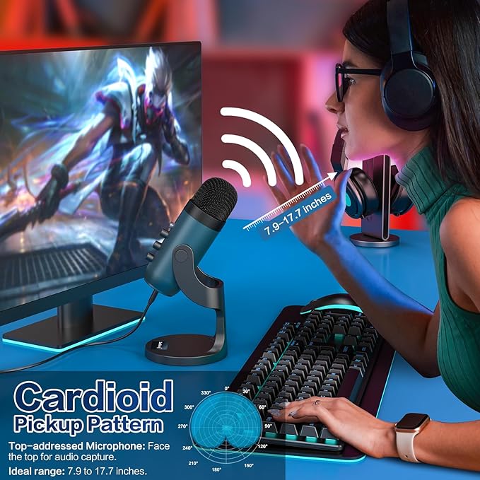 ZealSound USB Condenser Microphone,Computer PC Gaming Mic,Plug&Play Microphones for PS 4&5.Monitor Adjust&Volume Control,Mic Gain Control,Mute Button for TikTok,YouTube Podcast on Mac&Windows(Teal)