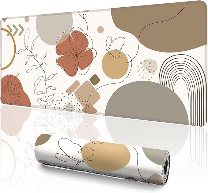 XL Boho Mouse Pad (35.4 x 15.7 Inch), Extra Large Abstract Desk Mat for Desktop, Mid-Century Modern Floral & Geometric Art, Non-Slip Waterproof Keyboard Mouse Mat, Aesthetic Desk Accessories