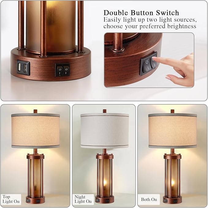 Set of 2 Farmhouse Table Lamps for Living Room, Rustic Bedside Lamps with 2 USB Charging Ports, Bedroom Nightstand Lamp with Amber Frosted Glass Nightlight, 4 Bulbs Includes