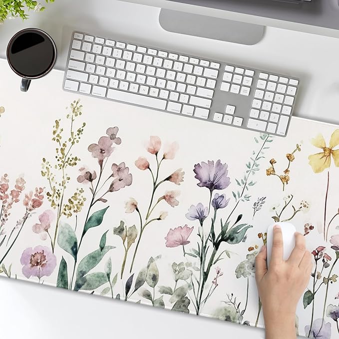Floral Desk Mat Large Extend Mouse Pad XXL Beige Boho Desk Pad 35.4x15.7 Inch Cute Minimalist Flowers Mouse Pads Flowers Esthetics Computer Laptop Mouse Mat Non-Slip for Home Office Desktop Decor