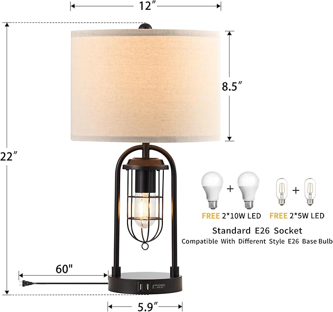 Kyrid Set of 2 Table Lamps with USB Ports and Night Light Farmhouse Nightstand Lamp for Living Room Bedroom（Bulbs Included）