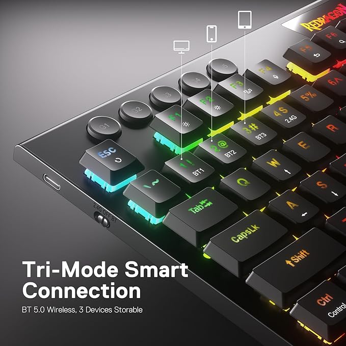Redragon K618 PRO 3-Mode Wireless RGB Mechanical Keyboard, BT/2.4Ghz/Wired Low Profile Win/Mac Gaming Keyboard w/Ultra-Thin Design, Dedicated Media Control & Tactile Brown Switch