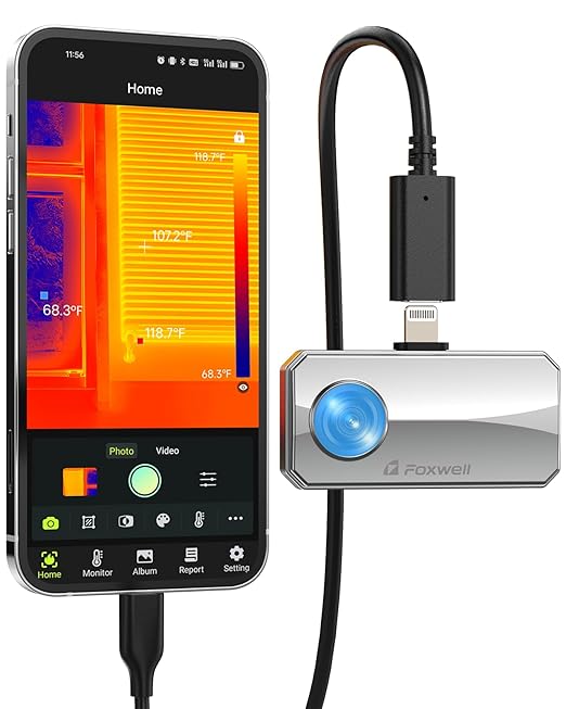 FOXWELL RT100 Thermal Camera for iPhone iPad with Lightning Port, 256 x 192 IR High Resolution Thermal Imaging Camera for iOS, 25Hz Infrared Camera, Thermal Imager for HVAC/PCB/Automotive Inspection