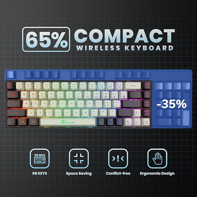 GEODMAER 65% Wireless Gaming Keyboard: LED Backlit, 68 Keys, Ultra-Compact, Anti-ghosting, No-Conflict Wireless Keyboard for PC Laptop Windows Gamer(White-Black)