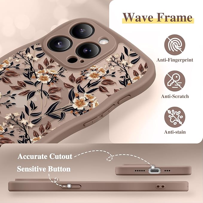 GVIEWIN for iPhone 15 Pro Case Compatible with MagSafe [Curly Wave Edge][Full Camera Protection] Floral Translucent Shockproof Magnetic Women Phone Case for iPhone 15 Pro 6.1'', Bunchflower/Brown