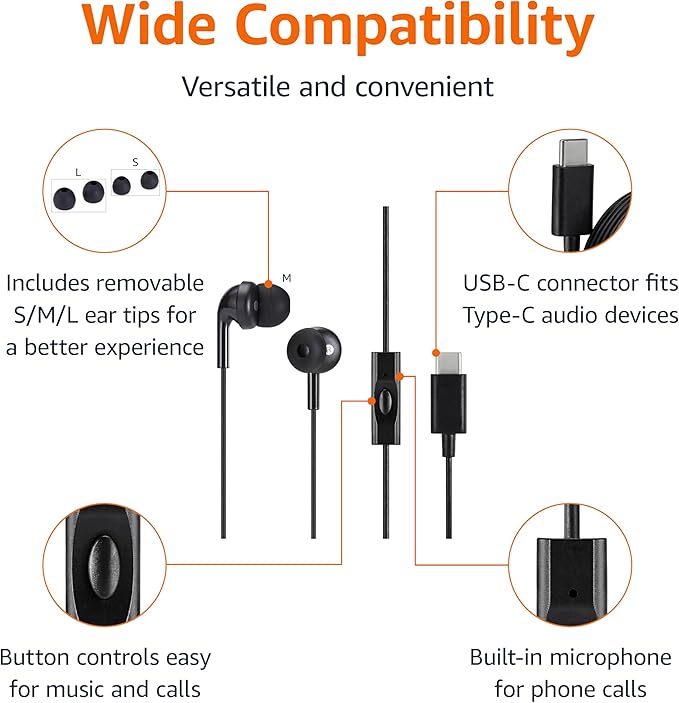 Amazon Basics Wired Earbuds with Microphone, in-Ear Headphones, USB-C, 4.2 ft Cable, S/M/L Ear Tips, Black