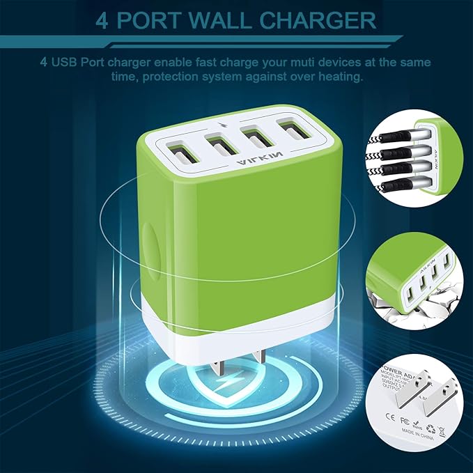 Wall Charger, USB Charger Adapter, AILKIN 4.8A 4Multi Port Fast Charging Station Power Base Block Plug Cube Brick for iPhone, iPad, Samsung Galaxy, Moto, Google Pixel, Kindle Fire Plug Cargador Carro
