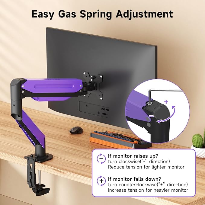 Suptek Monitor Mount Gas Spring Monitor Arm Desk Mount Fully Adjustable Fits 17-35 inch Monitors Weight Capacity up to 24.25 lbs, Black+Purple