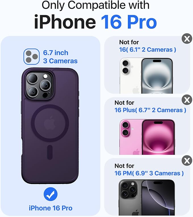 Magnetic for iPhone 16 Pro Case, [Compatible with MagSafe][Military-Grade Drop Protection][Anti-Yellowing]Shockproof Protective Translucent Matte Cover for iPhone 16 Pro Phone Case,Deep Purple