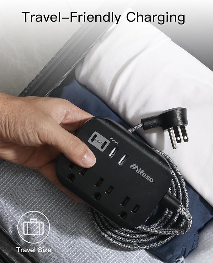 Travel Essentials - Mifaso Power Strip with USB, Compact Flat Plug Extension Cord 5ft with 3 Outlets 4 USB Ports, Non Surge Cruise Must Haves, Cruise Ship Essentials, Dorm Room, Apartment Essentials