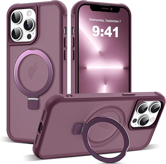 SKYLMW Compatible with iPhone 12 Pro Max Case & iPhone 13 Pro Max Case with Invisible Magnetic O-Ring Stand Translucent Phone Cases 6.7" [Compatible with Mag-Safe][Great Grip Feeling], Wine Red