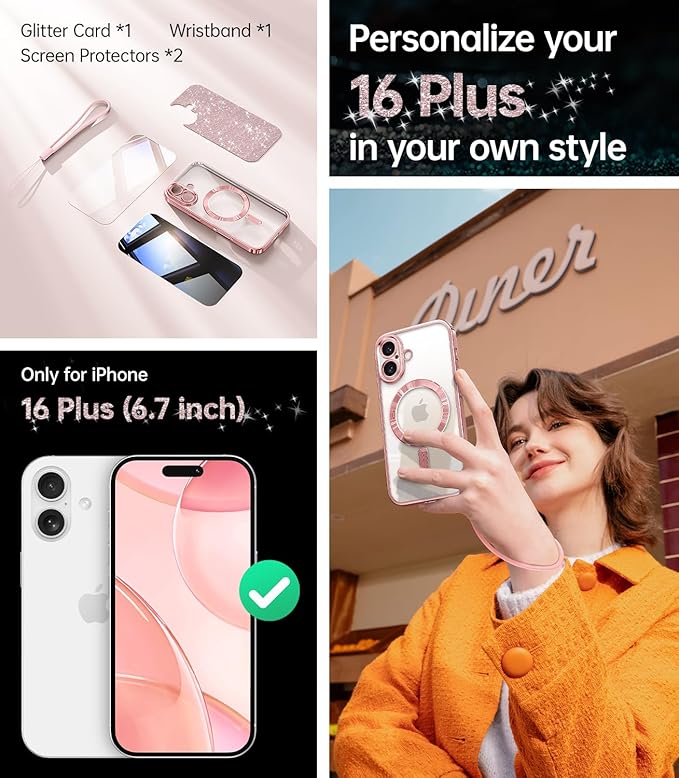 Meifigno Case for iPhone 16 Plus 6.7’’, [Compatible with MagSafe] [1X HD+1X Privacy Screen Protectors] [Glitter Card & Wrist Strap] Surround Lens Protection for iPhone 16 Plus Case, Rose Gold