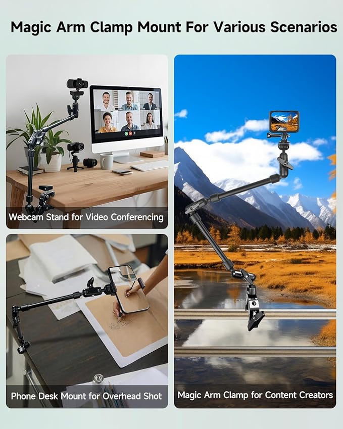 22" Magic Arm w Clamp, Overhead Phone Mount, Desk Camera Mount w Articulating Friction Boom Arm Thread Adapter, for Phone Video Light Webcam Microphone Action Camera Content Creators