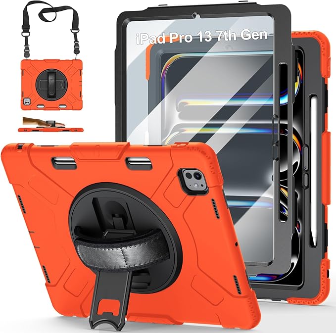 Case for iPad Pro 13 Inch M5 2025/ M4 2024: Military Grade Cover for iPad Pro 13" with Screen Protector - Stand - Handle - Shoulder Strap - Pencil Holder- Orange