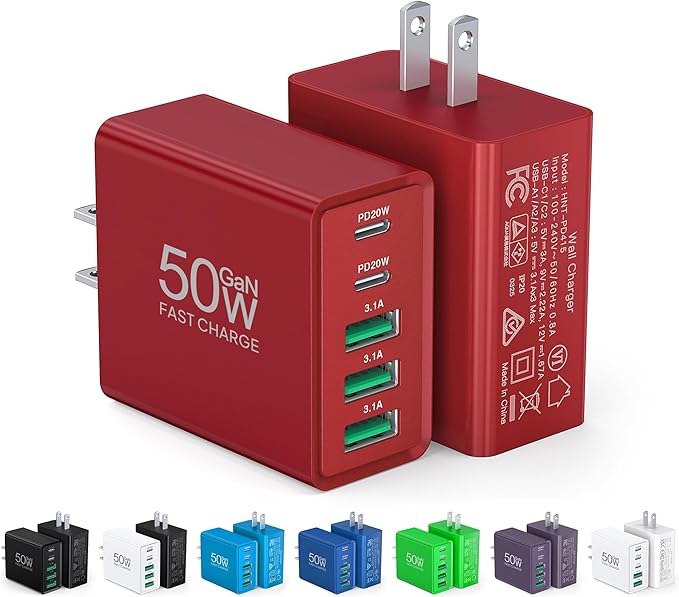 USB C Wall Charger Block, 2Pack 50W USB C Charger 5-Port PD Fast Charging Blocks,QC 3.0 USB A Multiport Plug,Type C Power Adapter Brick Cube for iPhone 17/16/15/14/13/Pro,Samsung,for Switch/Pixel（Red）