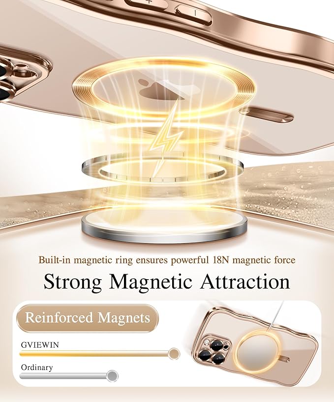 GVIEWIN for iPhone 16 Pro Case Compatible with MagSafe, Upgraded [Full Camera Protection][Cute Wave Frame][Military Grade Protection] Electroplated Soft Phone Cover for Women Girl, Clear/Rose Gold