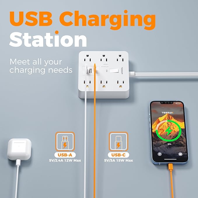TESSAN 10Ft White Extension Cord with Multiple Outlets, Surge Protector Power Strip with 6 Outlets and 3 USB Ports (1 USB C), 1700 Joules Protection, Flat Plug, Outlet Extender for Home, Office, Dorm