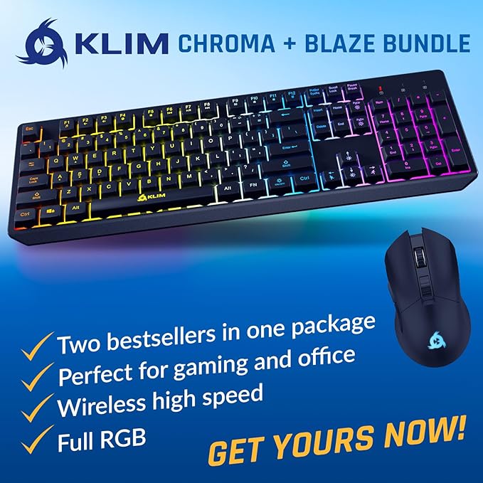 KLIM Chroma Wireless Keyboard and Mouse – RGB Backlit Gaming Combo, Rechargeable Wireless Keyboard & RGB Mouse, Durable & Ergonomic, Dual USB Receivers, Compatible with PC, Mac, PS4, PS5