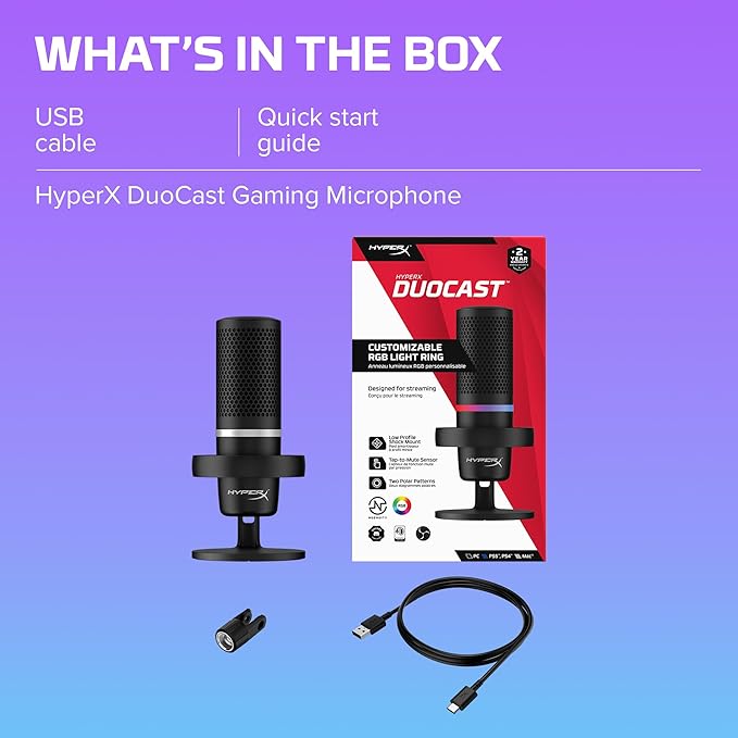 HyperX DuoCast – RGB USB Condenser Microphone for PC, PS5, PS4, Mac, Low-profile Shock Mount, Cardioid, Omnidirectional, Pop Filter, Gain Control, Gaming, Streaming, Podcasts, Twitch, YouTube, Discord