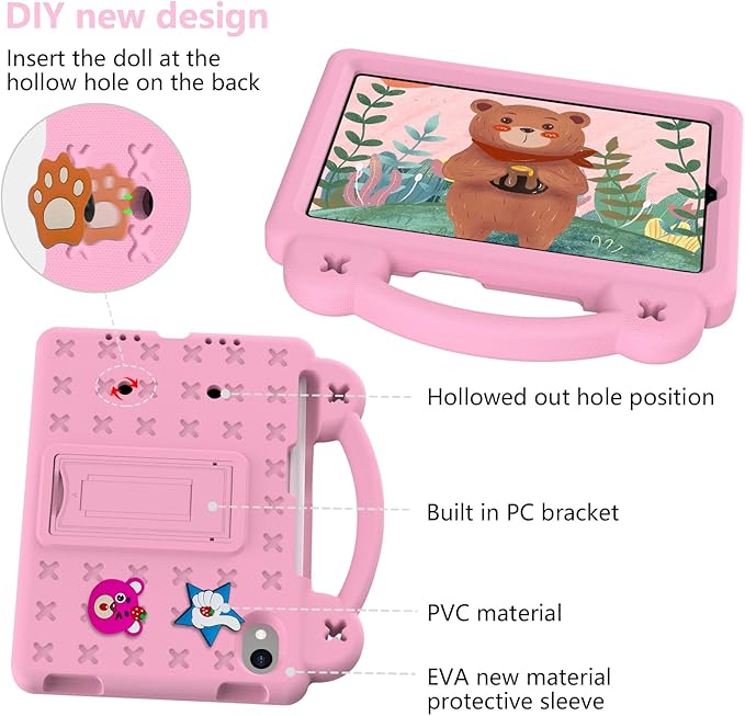 for iPad mini 7 Case A17 Pro,iPad mini 6 Case, Shoulder Strap Shockproof Cute DIY Figures Design Handle Stand Protective Rugged Case for Apple iPad mini 7th 6th Generation 8.3",Pink