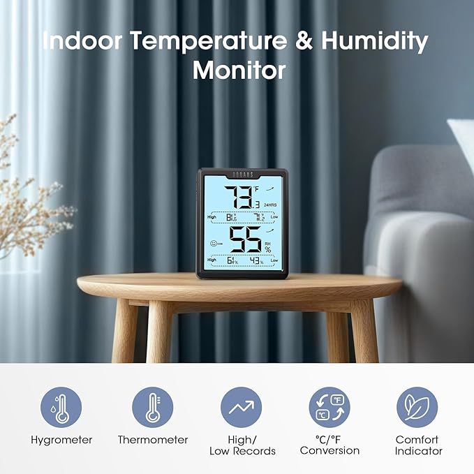 DOQAUS Digital Hygrometer Room Thermometer Indoor, Humidity Meter with Large LCD Display, Backlight Temperature Humidity Monitor with Max Min Records, Black