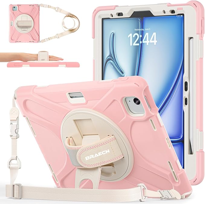 BRAECNstock Kids Case for iPad Air 11 inch (M4/M3/M2)/ Air 5th/4th Gen/Pro 11 inch 4th/3rd/2nd/1st Gen, Shockproof Protective with Pen Holder, Rotating Hand Strap+Stand, Shoulder Strap, Sakura Pink
