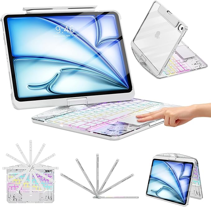 TSQQST Clear Keyboard Case for iPad Air 11 Inch (M4/M3/M2, 2026/2025/2024)/ iPad Air 5th/4th Generation 10.9" / iPad Pro 11" 1st/2nd/3rd/4th, Trackpad, Pencil Holder, 7-Color Backlit, Rotatable, White