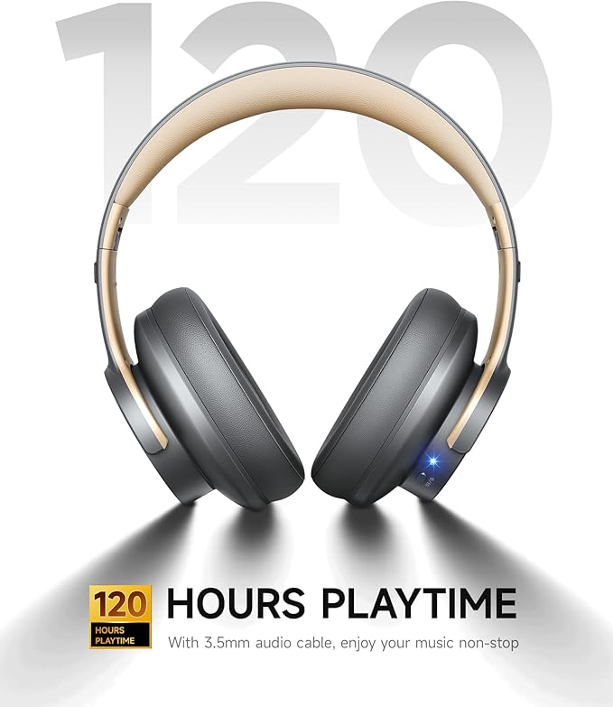 Picun B8 Bluetooth Headphones, 120H Playtime Headphones Wireless Bluetooth with 3 EQ Modes, Low Latency, Hands-Free Calls, Over Ear Headphones for Travel Home Office Cellphone PC (Ashen Golden)