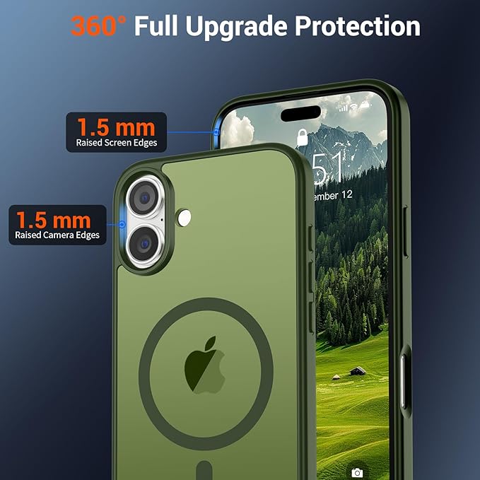 SUPFINE Magnetic for iPhone 16 Case (Compatible with MagSafe) (Military Grade Drop Protection) Slim Translucent Matte Shockproof with Anti-Fingerprint Phone Case,Cangling Green