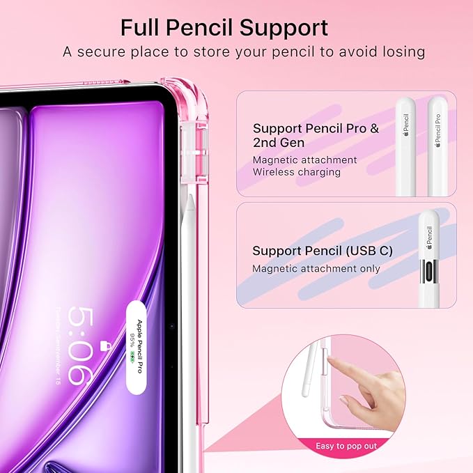 MoKo for iPad Air 11 inch Case (M4/M3/M2) 2026/2025/2024, iPad Air 5th/4th Gen 10.9 inch Case 2022/2020 with Pencil Holder, Slim Light Trifold Cover with Hard PC Translucent Back Shell, Persian Pink