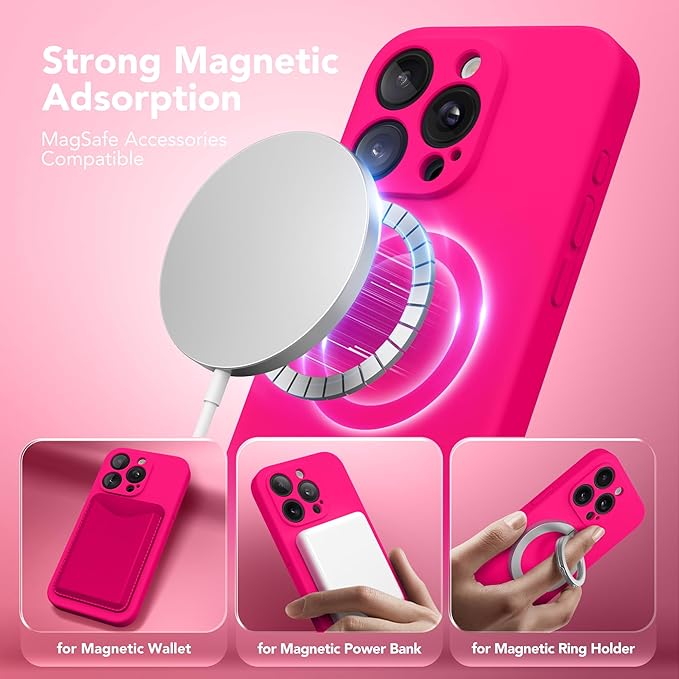 Magnetic for iPhone 14 Pro Case, Compatible with MagSafe, [Full Camera Protection][Screen Protector] Silicone Shockproof Protective Phone Case for iPhone 14 Pro 6.1", Hot Pink