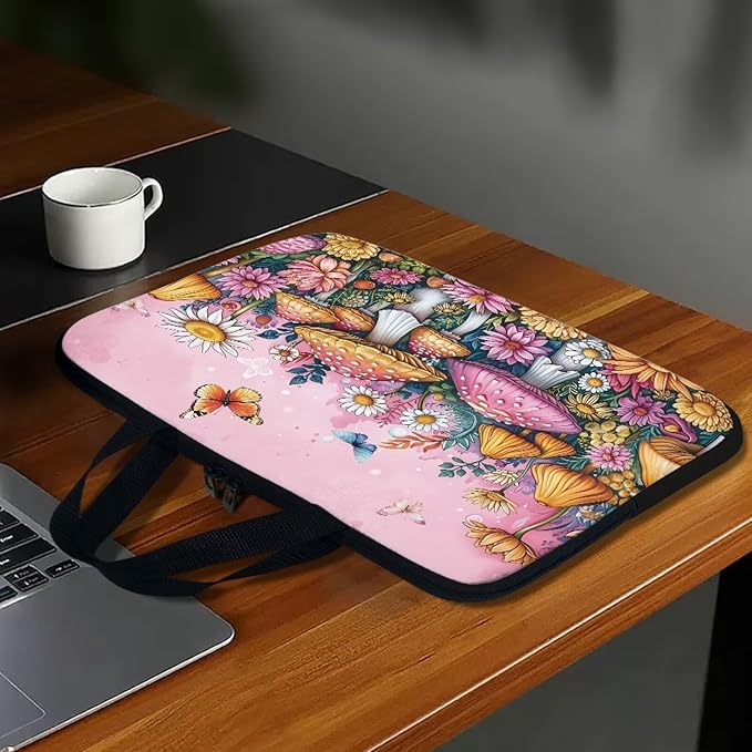 17 Inch Mushroom Butterfly Laptop Sleeve Cover Computer Bag Tablet Carrying Case with Handle, Water-Repellent Tote Bags Notebook Sleeves Handbag Messenger Briefcase Shoulder Bag