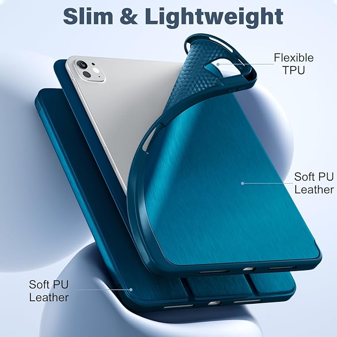 Akkerds for iPad Pro 11 Inch Case (M5/M4) 2025/2024 6th/5th Generation with Pencil Holder, for iPad Pro Case 11 Inch with Trifold Stand Protective Cover/Soft TPU Back, Auto Wake/Sleep, Peacock Blue