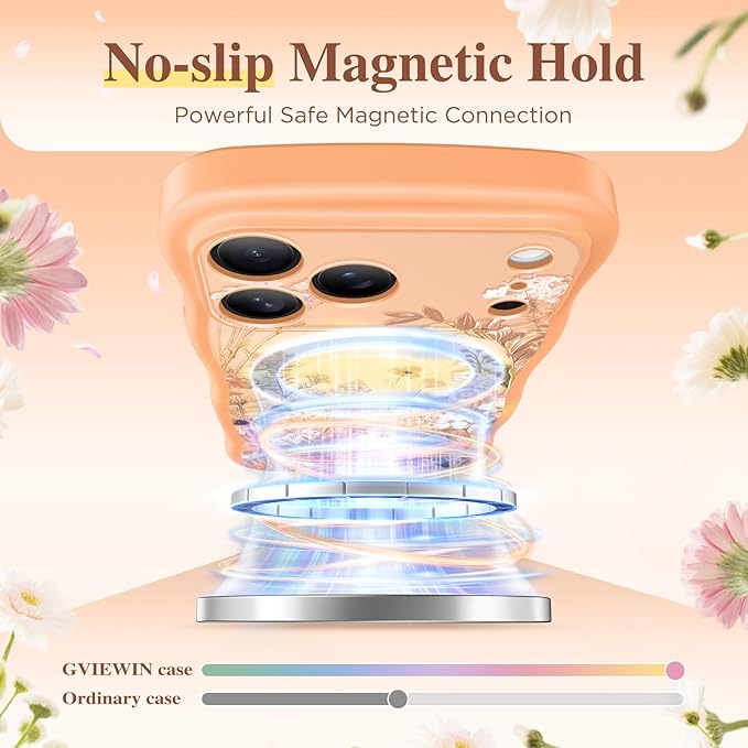 GVIEWIN for iPhone 17 Pro Max Case Compatible with MagSafe [Curly Wave Edge][Full Camera Protection] Floral Translucent Shockproof Magnetic Women Phone Case for 17 Pro Max, Campanula/Orange