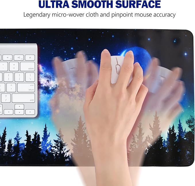 AIMSA Extended Gaming Mouse Pad, XL Large Keyboard Mouse Mat Desk Pad with Stitched Edges, Durable Non-Slip Base Mousepad for Home Office Work, 35x15.7inch, Forest Moon Sky