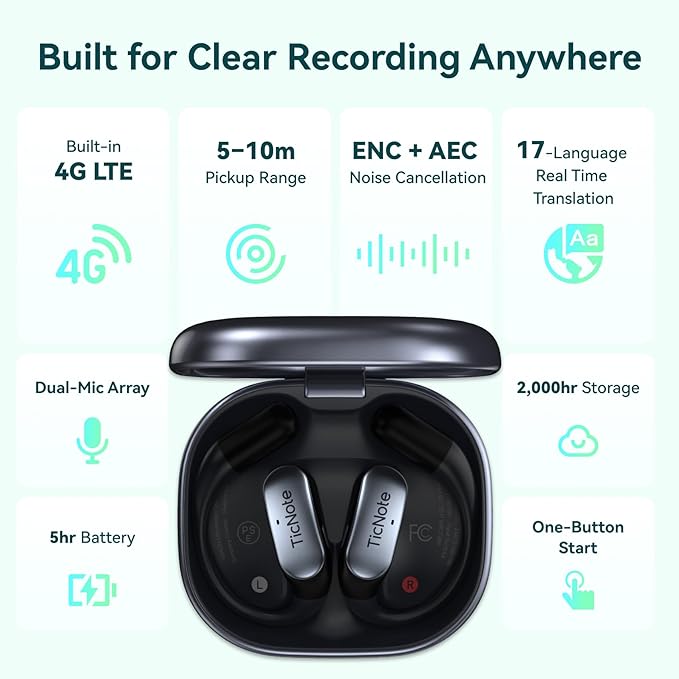 Mobvoi TicNote Pods Wearable AI Voice Recorder with 4G, No Phone Needed, Voice Activated, AI Transcription & Translation,Auto Transcription & Meeting Notes,120+ Languages, 5-Hour Battery, White