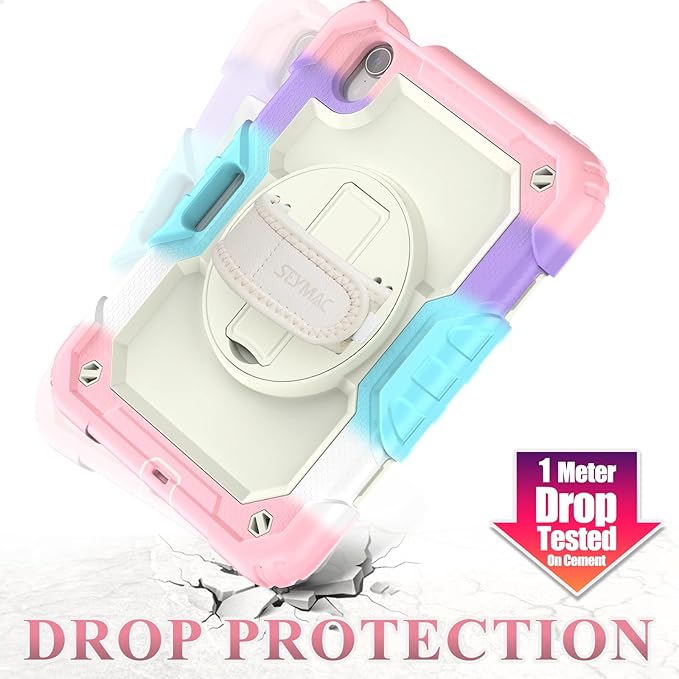 SEYMAC stock Case for iPad Mini 7 (A17 Pro)2024/ Mini 6 8.3'' with Screen Protector Pencil Holder [360 Rotating Hand Strap] &Stand, Drop-Proof Case for iPad Mini 7th/6th Generation 8.3",Yellowish+Pink