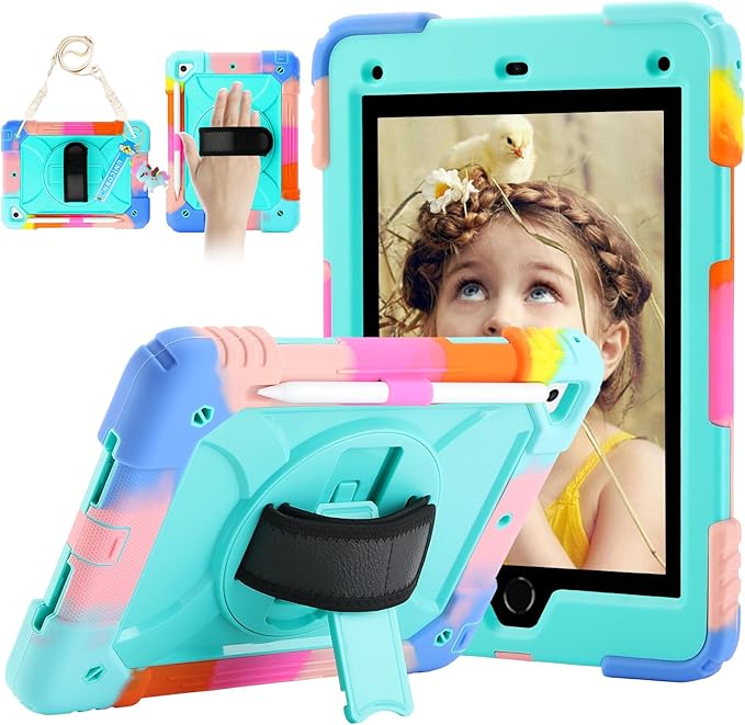 for iPad 6th Generation/iPad 5th Gen/iPad Air 2/iPad Pro 9.7" Case with Cute Key Chain, Rugged Protective Case with Rotating Stand & Shoulder Hand Strap for iPad 6th/5th/ Air 2 (Rainbow Aqua)